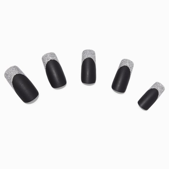 NEW SILVER GLITTER TIP BLACK LONG SQUARE VEGAN FAUX NAIL SET - 24 PACK - Picture 1 of 2